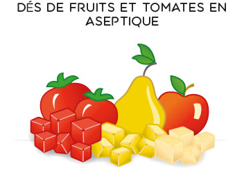 Des de fruits et tomates en aseptique
